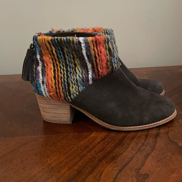 Toms Leila Sweater Knit Ankle Boots Womens Sz 8 Brown Suede Textile Block Heels - Picture 3 of 6